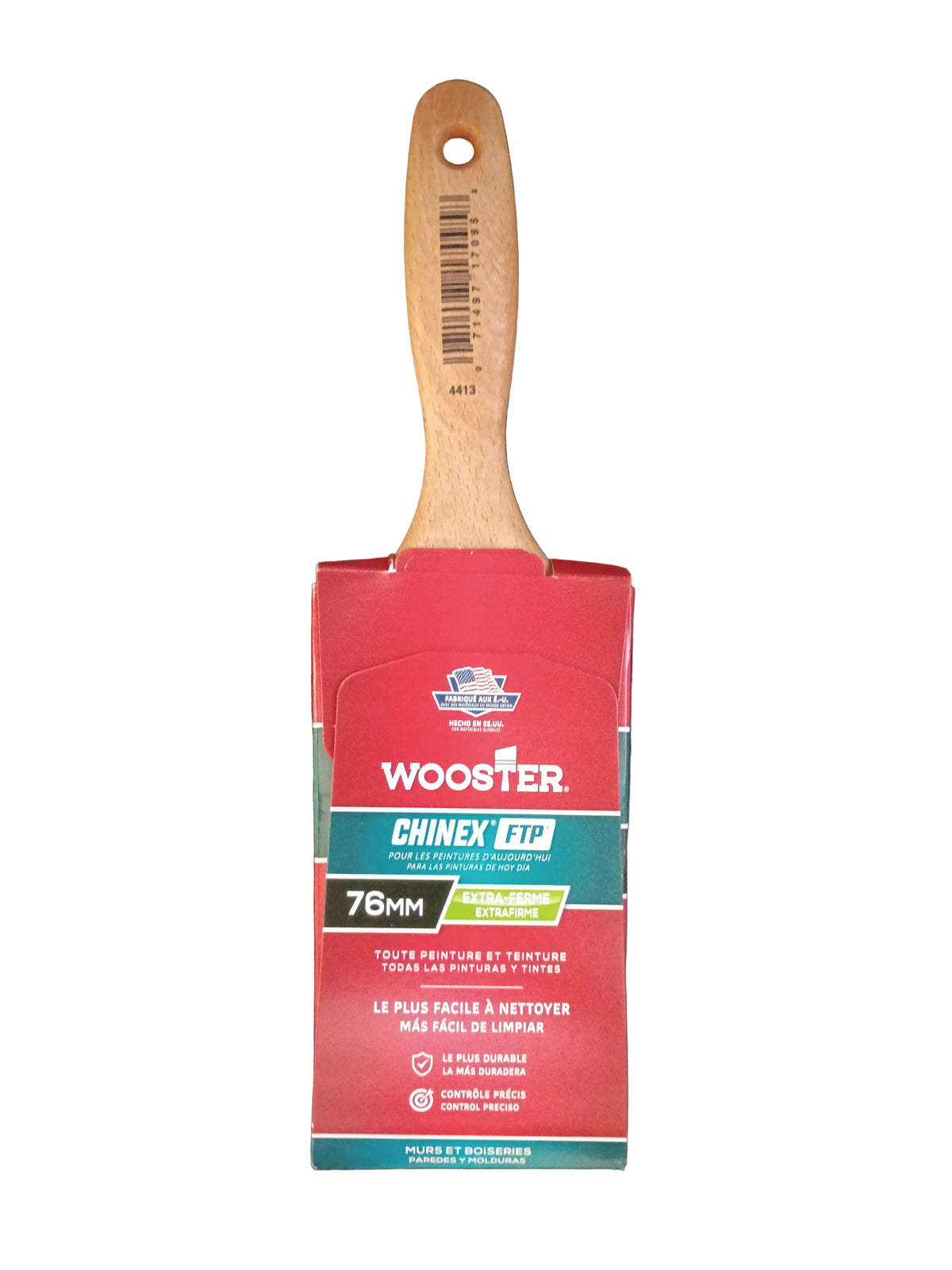 A single paint brush with a light wood handle and a red, teal, and white Wooster Chinex-FTP packaging sleeve, photographed against a white background.